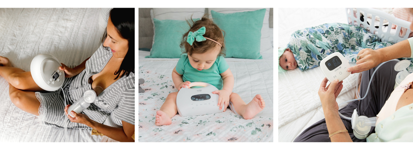 collage of moms and babies with cimilre breast pumps