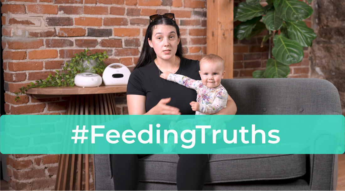 mom is holding baby while telling her story about breastfeeding. #feedingtruths text is listed on image.