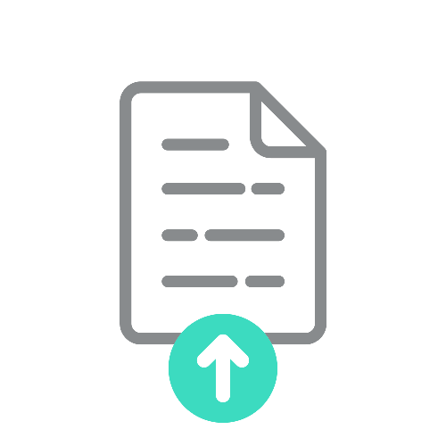 Icon of a document with an upward arrow in a green circle on a white background